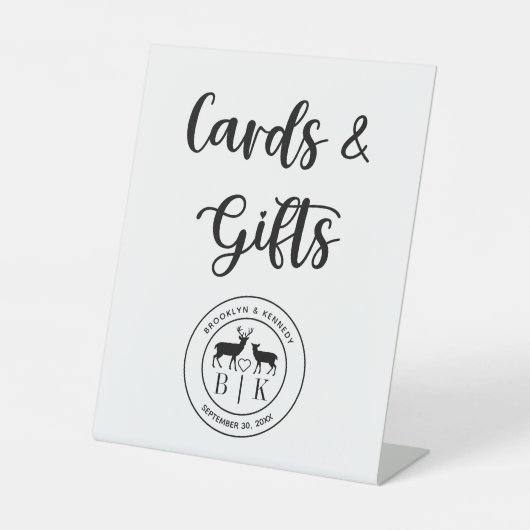 鹿モノグラム素朴カントリーウェディングカード&ギフト 台座サイン (正面)