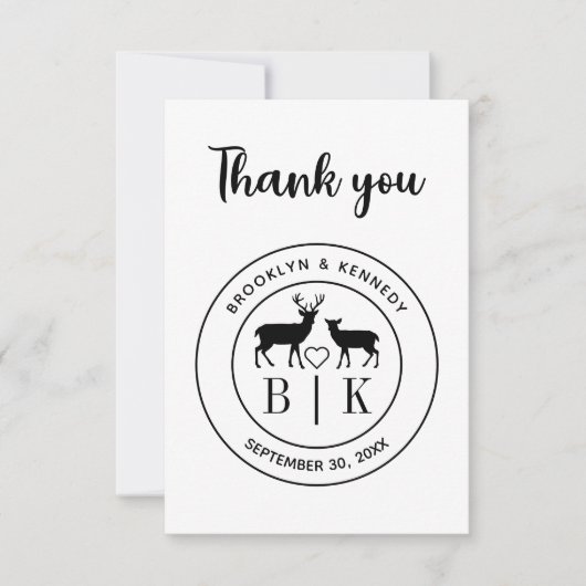 鹿モノグラム素朴カントリー結婚式のカップル名 サンキューカード (正面)