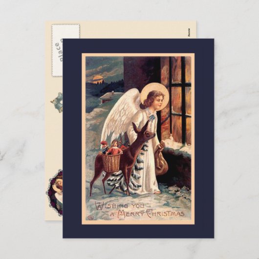 鹿付きクリスマスエンジェルヴィンテージ葉書 シーズンポストカード (正面/裏面)