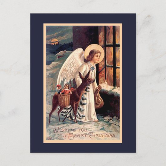 鹿付きクリスマスエンジェルヴィンテージ葉書 シーズンポストカード (正面)
