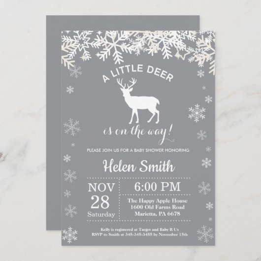 鹿冬ベビーシャワー雪片招待状 招待状 (正面/裏面)