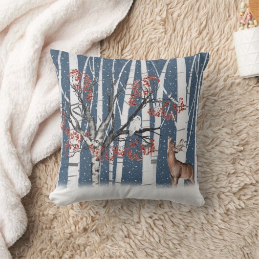 鹿及びフクロウの樺の木樹林装飾用クッション クッション (ブランケット)