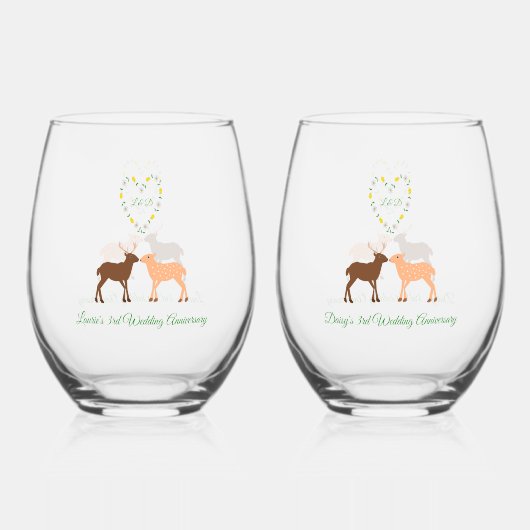 鹿夫婦デイジーハートカスタム3周年記念 ステムなしワイングラス (正面)