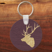 鹿威厳のある〔雄ジカの〕枝角シロウエット金ゴールド キーホルダー (正面)