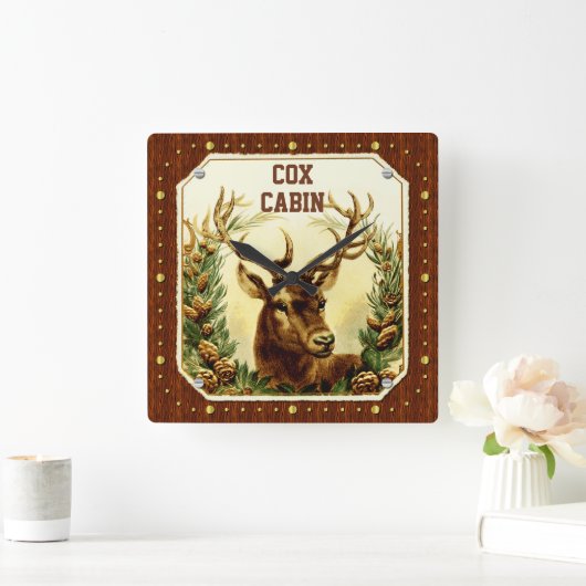 鹿小屋木目ヴィンテージカスタムデザイン スクエア壁時計 (ホーム)