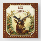 鹿小屋木目ヴィンテージカスタムデザイン スクエア壁時計 (正面)