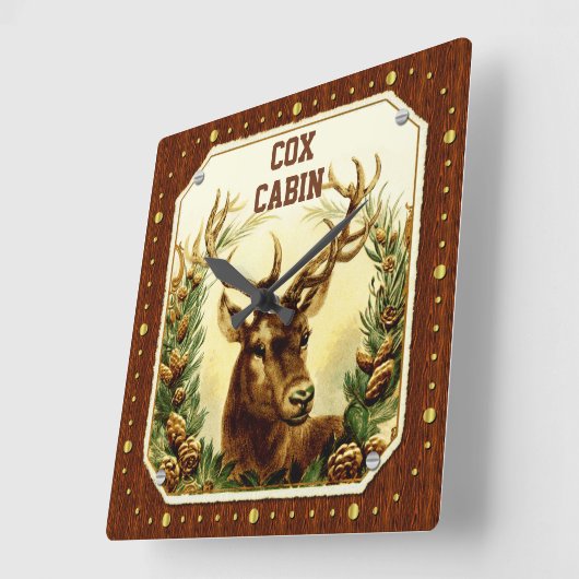 鹿小屋木目ヴィンテージカスタムデザイン スクエア壁時計 (傾斜)