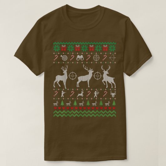 鹿狩りおもしろい醜いクリスマスセーターのギフト Tシャツ (デザイン正面)