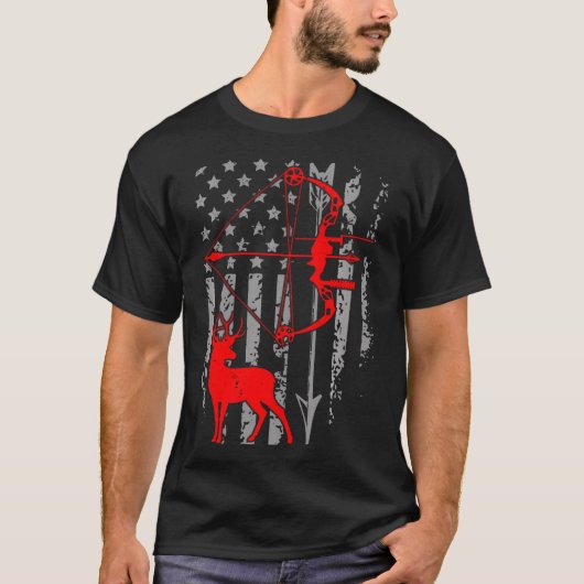 鹿狩りアメリカンフラッグボウ狩り愛国的H Tシャツ (正面)