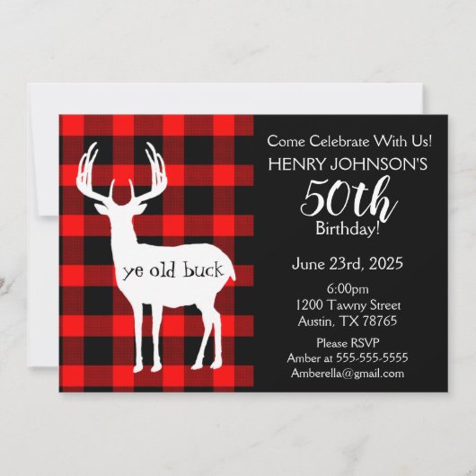 鹿狩りバッファロープレイドをテーマにした50誕生日 招待状 (正面)
