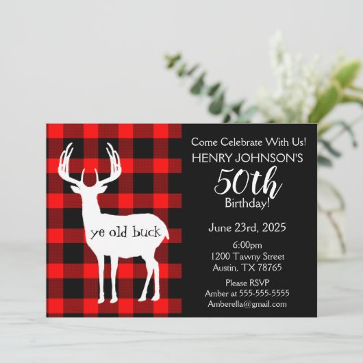 鹿狩りバッファロープレイドをテーマにした50誕生日 招待状 (スタンド正面)