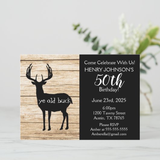 鹿狩りバッファロープレイドをテーマにした50誕生日 招待状 (スタンド正面)