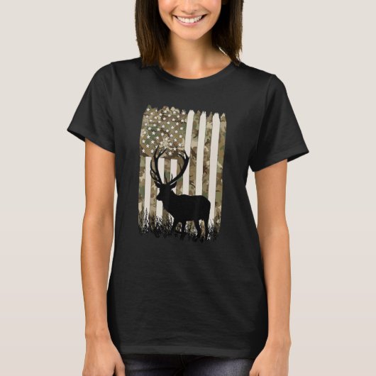 鹿狩り カモフラージュ ハンター アメリカ国旗 USA アメリカ合衆国 エルク Tシャツ (正面)