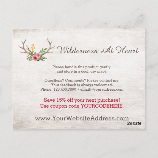 鹿素朴アントラーボヘミアンフローラウッドありがとう ポストカード (裏面)