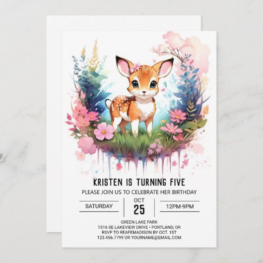 鹿素朴ウッドランドジョイガール誕生日招待状 招待状 (正面/裏面)