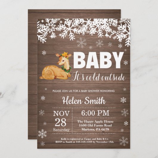 鹿素朴冬ベビーシャワー招待状 招待状 (正面/裏面)