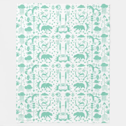 鹿素朴熊キツネフォークアートパターンフリース フリースブランケット (正面)