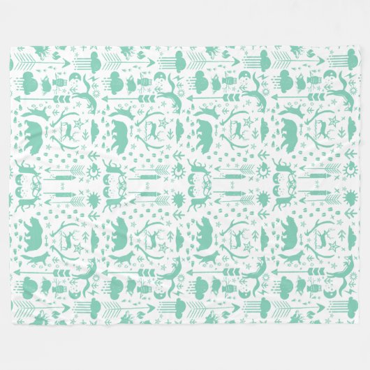 鹿素朴熊キツネフォークアートパターンフリース フリースブランケット (正面(横))