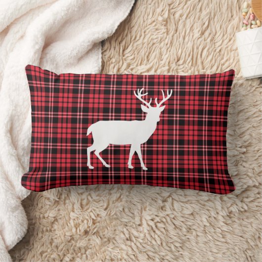 鹿素朴赤と黒の格子模様 ランバークッション