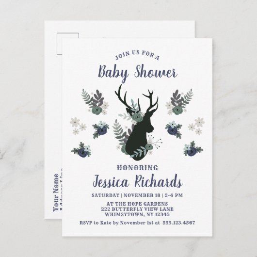 鹿素朴頭青フローラ赤モダンちゃんシャワー インビテーションポストカード (正面/裏面)