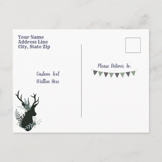 鹿素朴頭青フローラ赤モダンちゃんシャワー インビテーションポストカード (裏面)