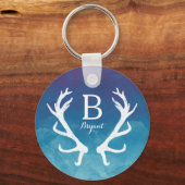 鹿素朴〔雄ジカの〕枝角モノグラム水彩青 キーホルダー (正面)