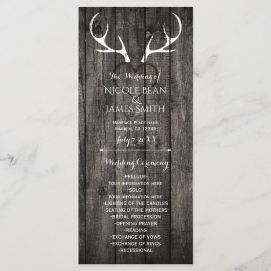 鹿素朴〔雄ジカの〕枝角&彫刻ハート結婚式 プログラム (正面)