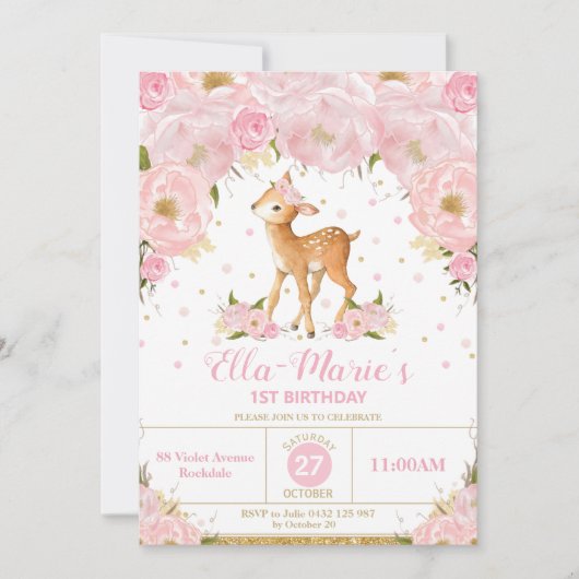 鹿赤面フローラバースデーパーティーガール 招待状 (正面)