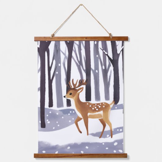 鹿雪の森の冬のクリスマスホリデー 吊り下げ型タペストリー (正面)