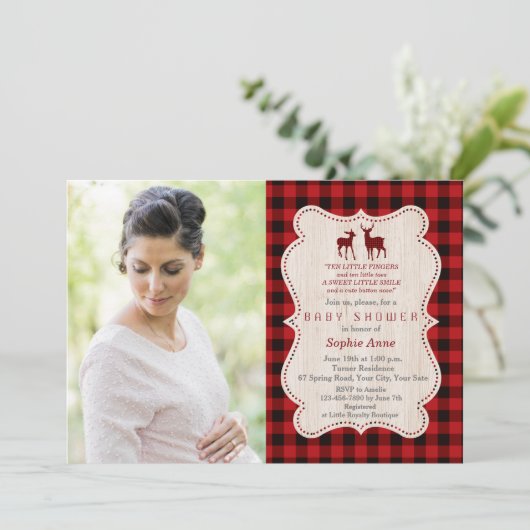 鹿魅力的赤バッファローのプレイド写真ベビーシャワー 招待状 (スタンド正面)