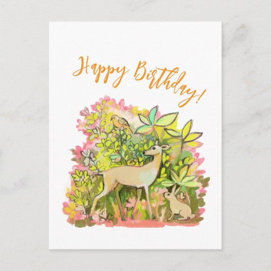 鹿、ウサギ、鳥の友達の絵画 ポストカード (正面)