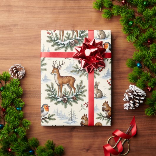 鹿、キツネ、ウサギと冬の森のクリスマス ラッピングペーパー (クリスマスギフト)