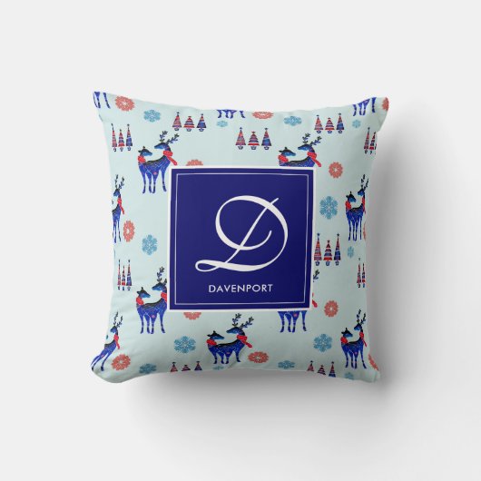 鹿、クリスマスツリー、モノグラム付き雪片 クッション (正面)