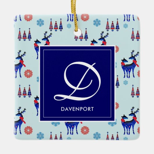 鹿、クリスマスツリー、モノグラム付き雪片 セラミックオーナメント (正面)