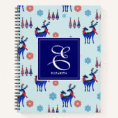 鹿、クリスマスツリー、モノグラム付き雪片 ノートブック (正面)