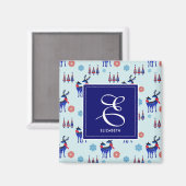 鹿、クリスマスツリー、モノグラム付き雪片 マグネット (正面/裏面)