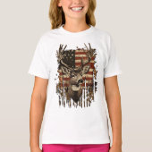 鹿 シカの狩猟シーズン アメリカ国旗 Tシャツ (正面)