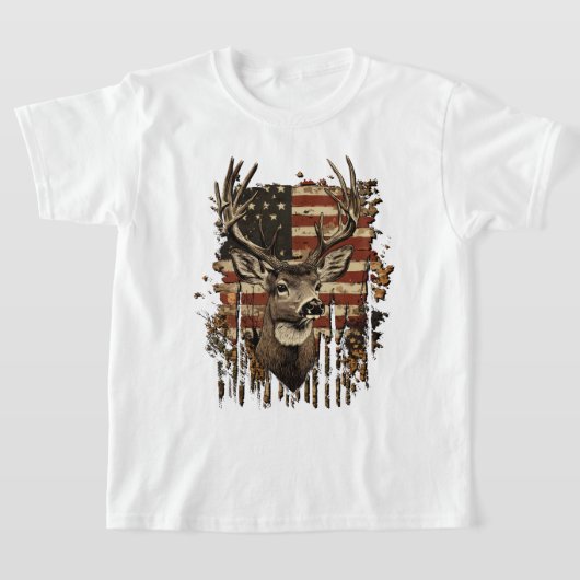 鹿 シカの狩猟シーズン アメリカ国旗 Tシャツ (レイダウン)