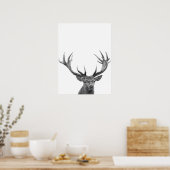 鹿 スタッグ ブラック ホワイト フォト ポスター (キッチン)