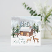 鹿、ログキャビンのクリスマスパーティーフラットグリーティングカード カード (スタンド正面)