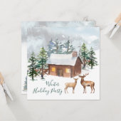 鹿、ログキャビンのクリスマスパーティーフラットグリーティングカード カード (正面/裏面インサイチュ)