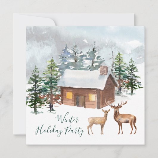 鹿、ログキャビンのクリスマスパーティーフラットグリーティングカード カード (正面)