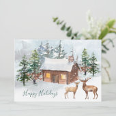 鹿、ログキャビンクリスマスパーティーフラットグリーティングカード カード (スタンド正面)
