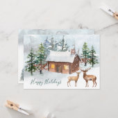 鹿、ログキャビンクリスマスパーティーフラットグリーティングカード カード (正面/裏面インサイチュ)