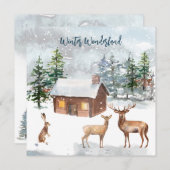 鹿、ログキャビン、ハレクリスマスパーティーフラットカード (正面/裏面)