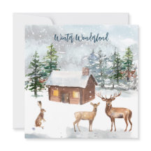 鹿、ログキャビン、ハレクリスマスパーティーフラットカード