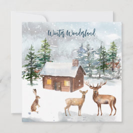 鹿、ログキャビン、ハレクリスマスパーティーフラットカード