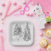 鹿，冬，森，クリスマスツリー，モノクロ ペーパープレート (パーティー)