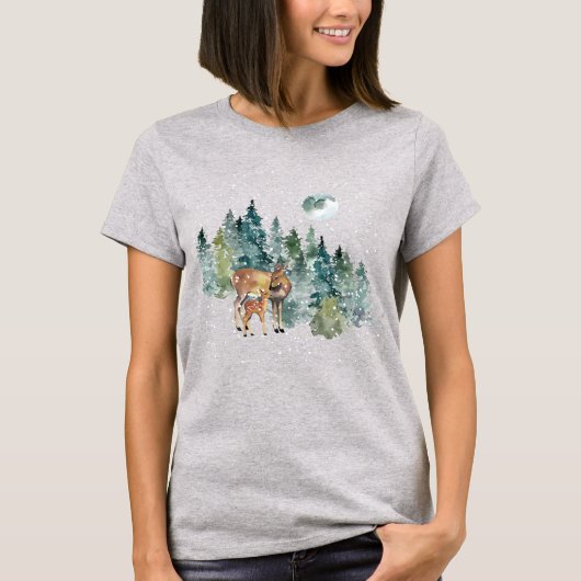 鹿+子鹿+森の満月+雪のクリスマス Tシャツ (正面)