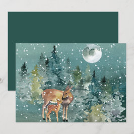 鹿+子鹿+森+満月+雪+水彩画 シーズンカード